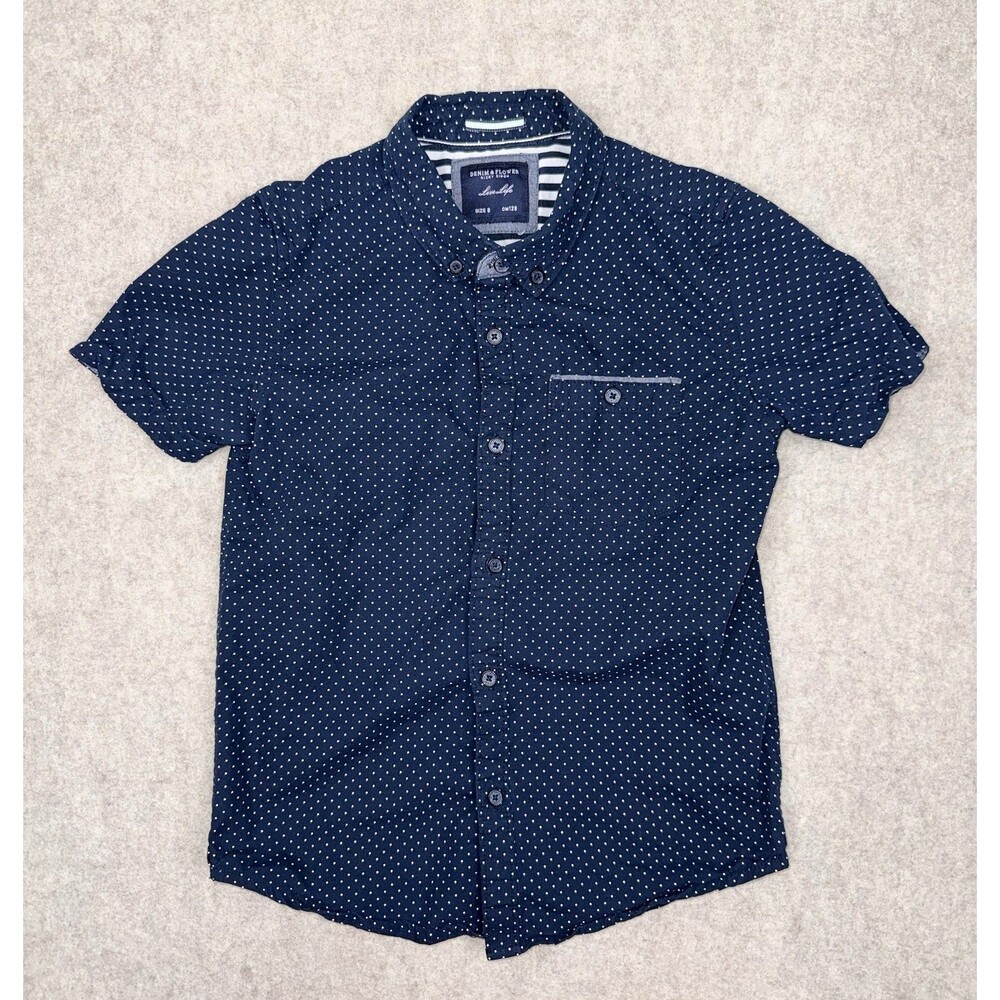 Denim & Flower Ricky Singh Boys Size 8 Short Sleeve Button Up Blue Polka Dots